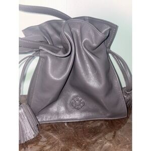 orYANY Gray Leather Womens Purse Medium Bucket Bag Tote Drawstring EUC